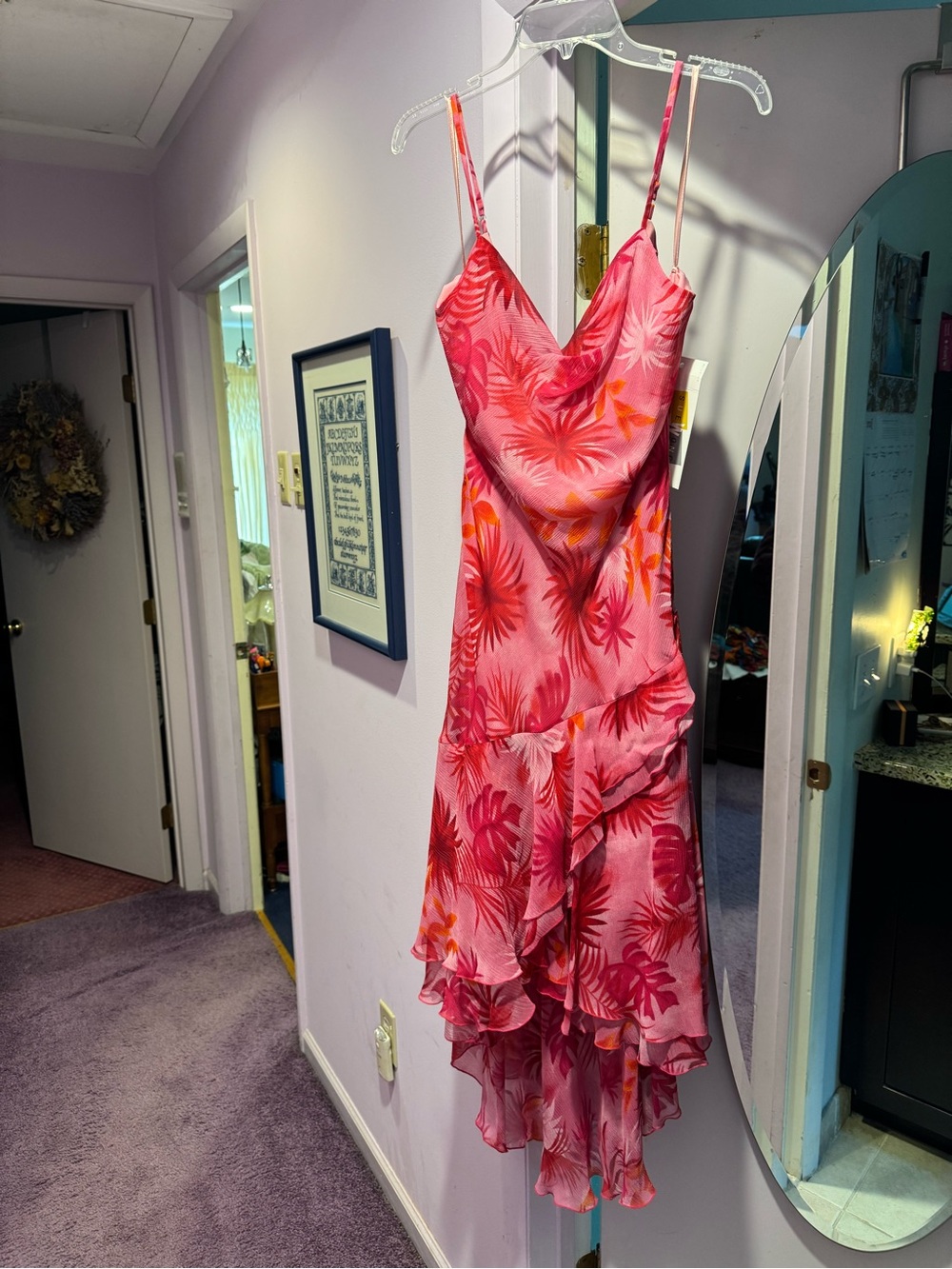 NWT!! Sue Wong Size 14 100% Silk Pink Tropical Print Slip Dress with Ruffled Hem